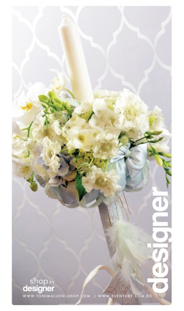 Lumanare de botez cu frezii si orhidee alba, 65x4 cm, Delicatesa 3